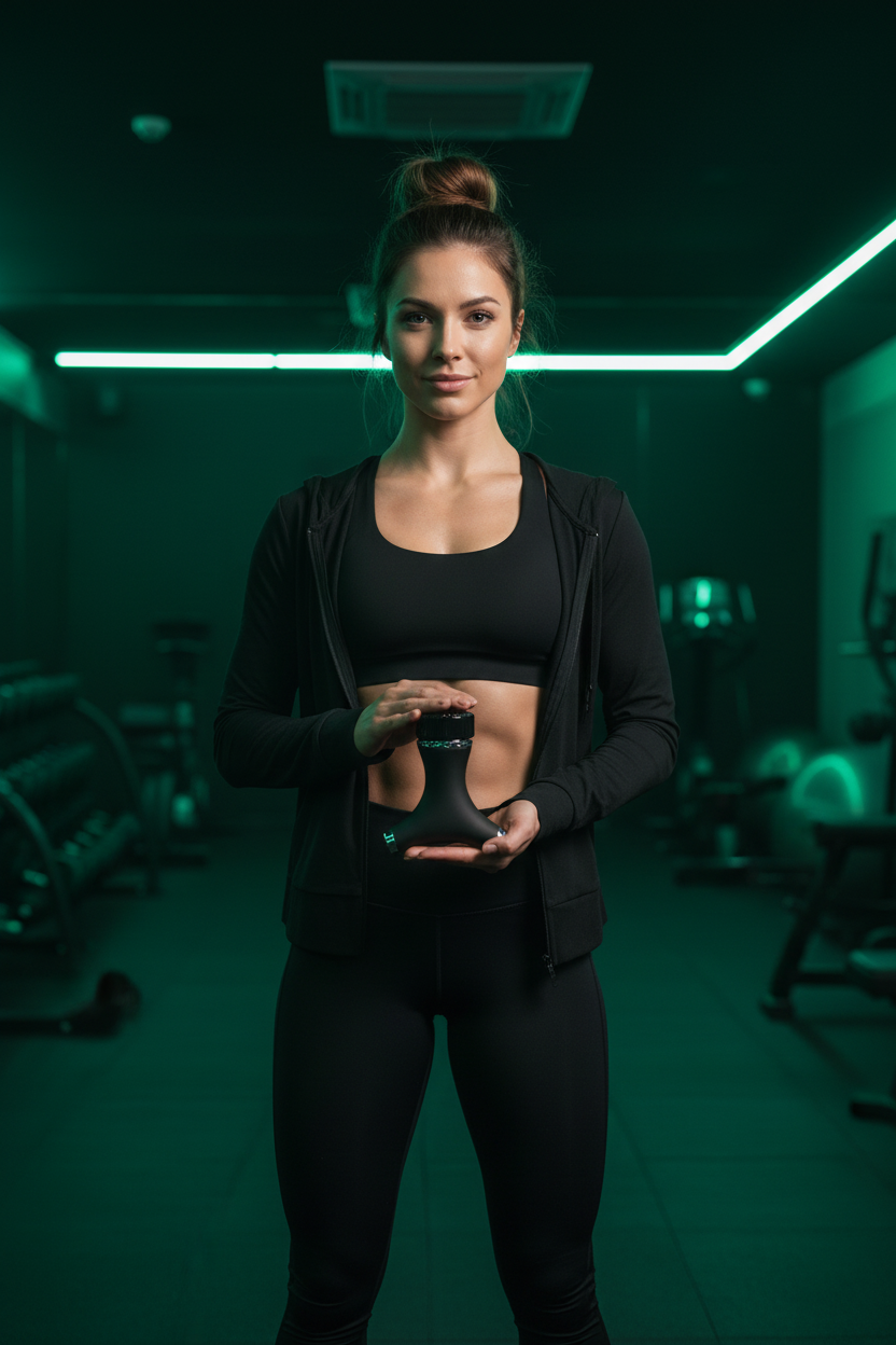 Woman holding compact massager in gym